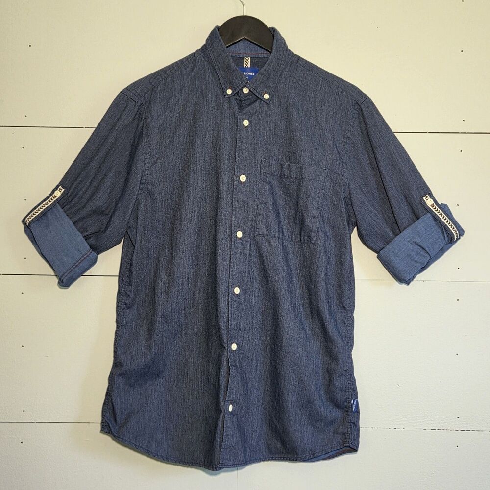 JACK & JONES Originals Men's Blue Cotton Blend Button-Down Shirt Pockets